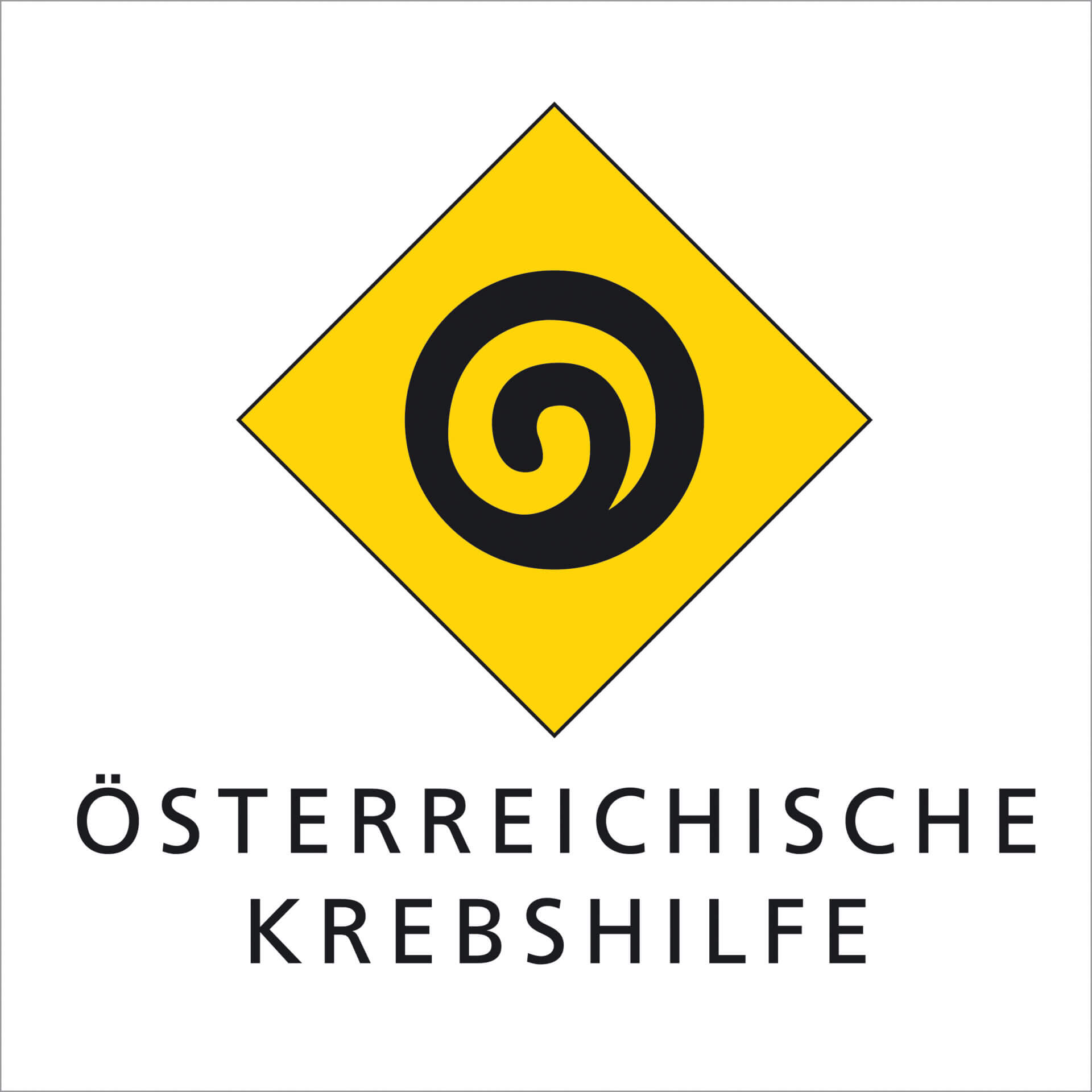 Logo der Österreichischen Krebshilfe: Gelbes Quadrat mit schwarzem Spiral-Symbol, fördert Krebshilfe und Bewusstsein.